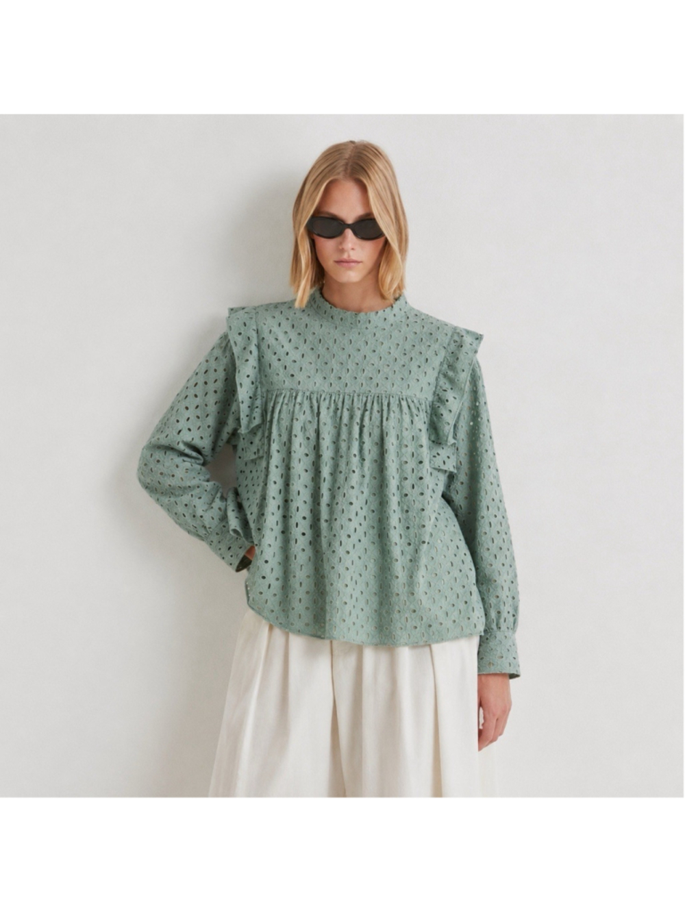 Masscob 100% Cotton Sage Green Ruffle Eyelet Top M Made In Spain